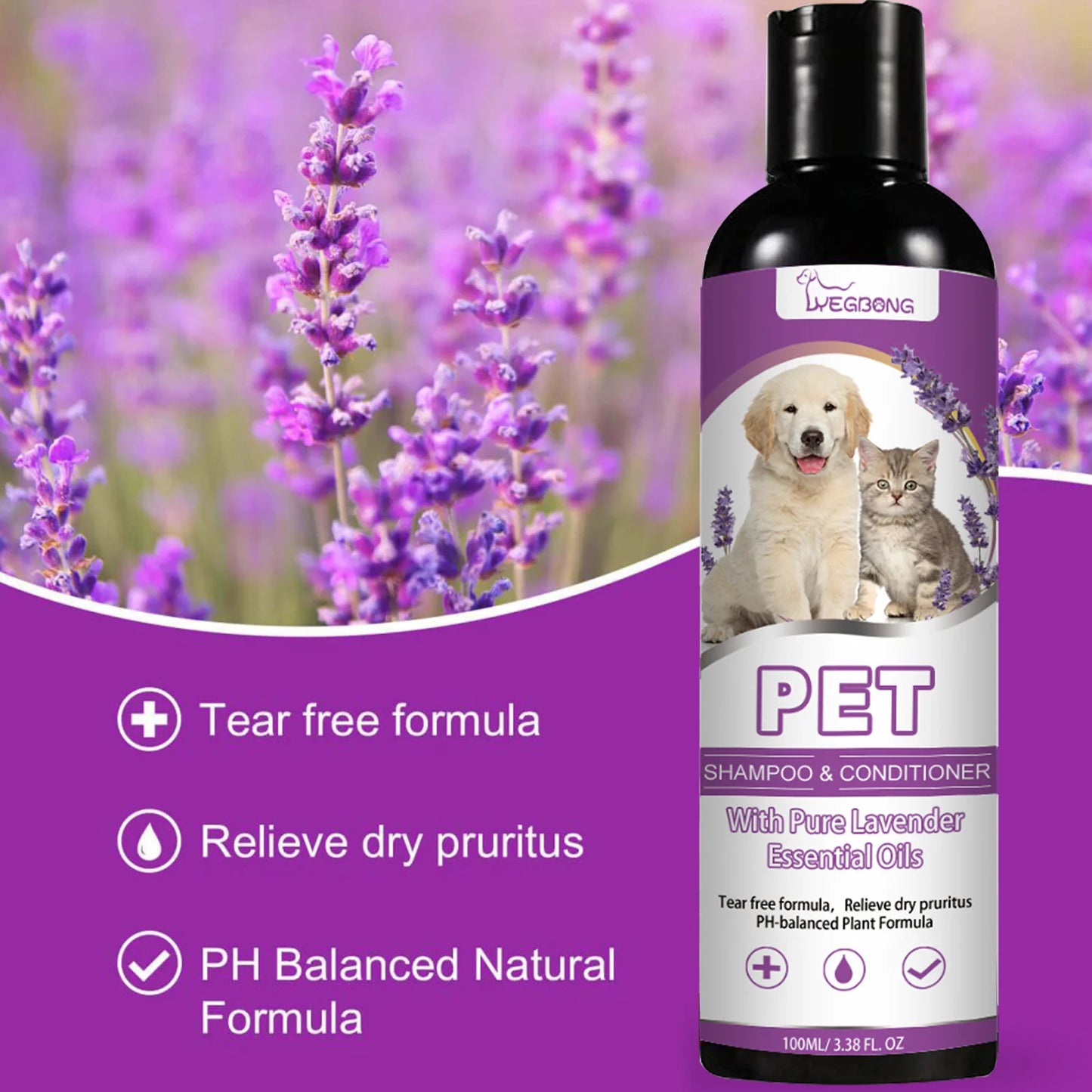 Yegbong Tear-Free Lavender 100ml Pet Shampoo/ Conditioner- Smooth Dog Hair- Softening- Relieve Itching -Ph Balance- good for pet's Dry Skin