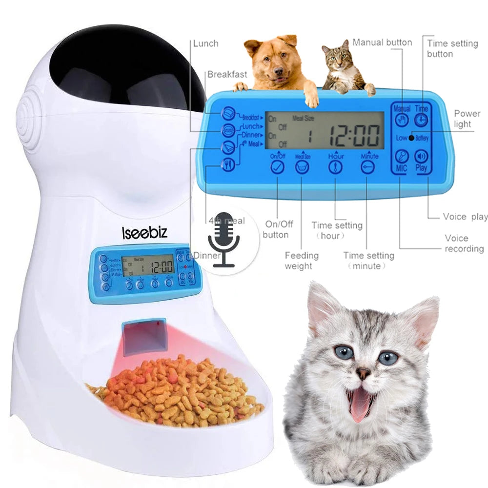 3L Automatic Pet Feeder With Voice Recorder-Food Bowl For Small Medium Dogs- LCD Screen Dispensers- up to 4 Times One Day