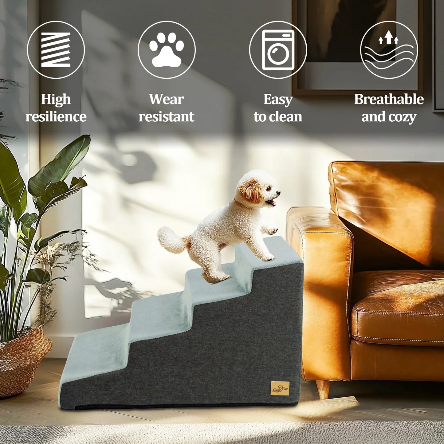 3/4 Step Dog Stairs with Washable Cover for Small Dogs- Non-Slip Balanced- Pet Steps for Couch Bed Anywhere Needed