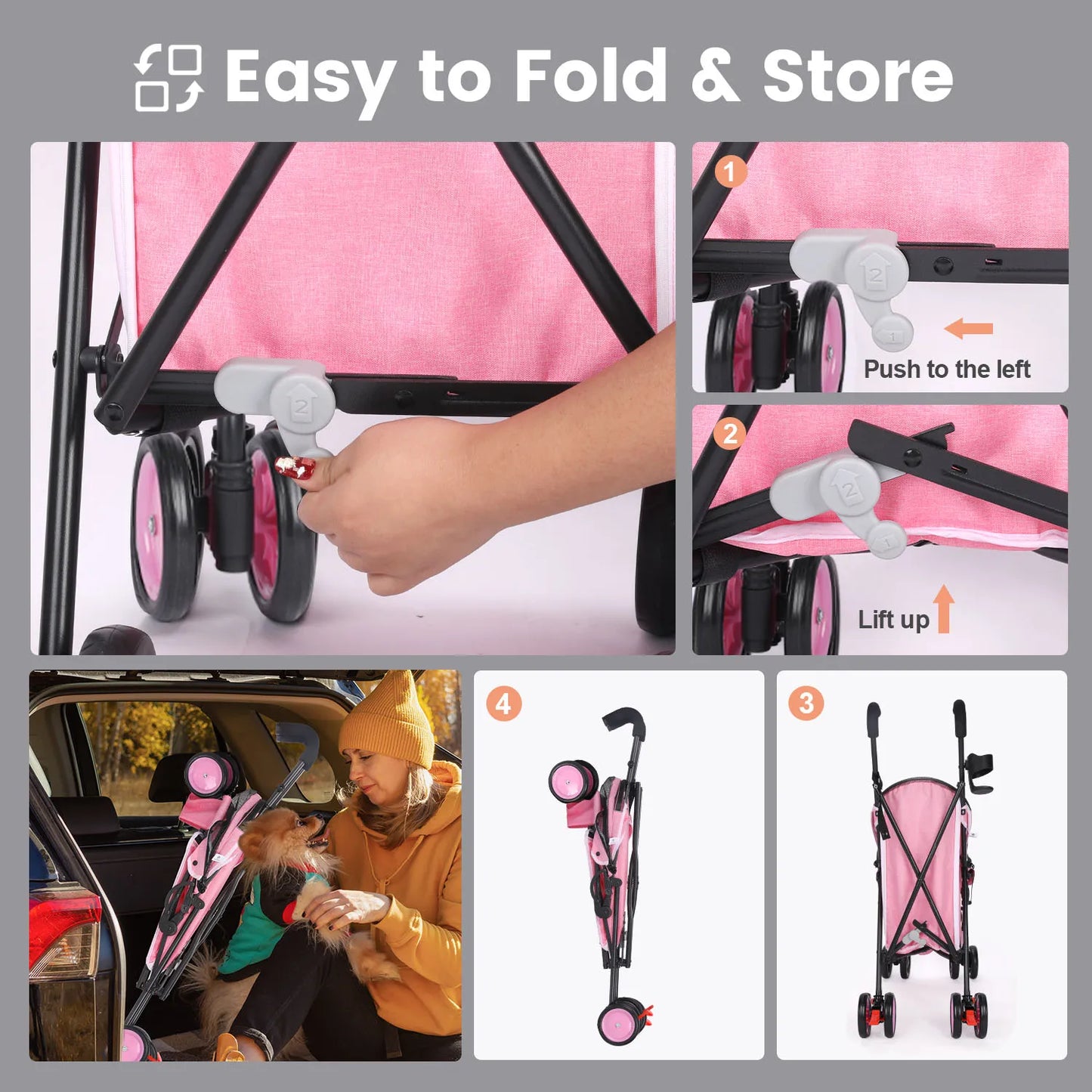 Pet Dog Stroller- 4 Wheels -Puppy Stroller Rotate with Brakes -Storage