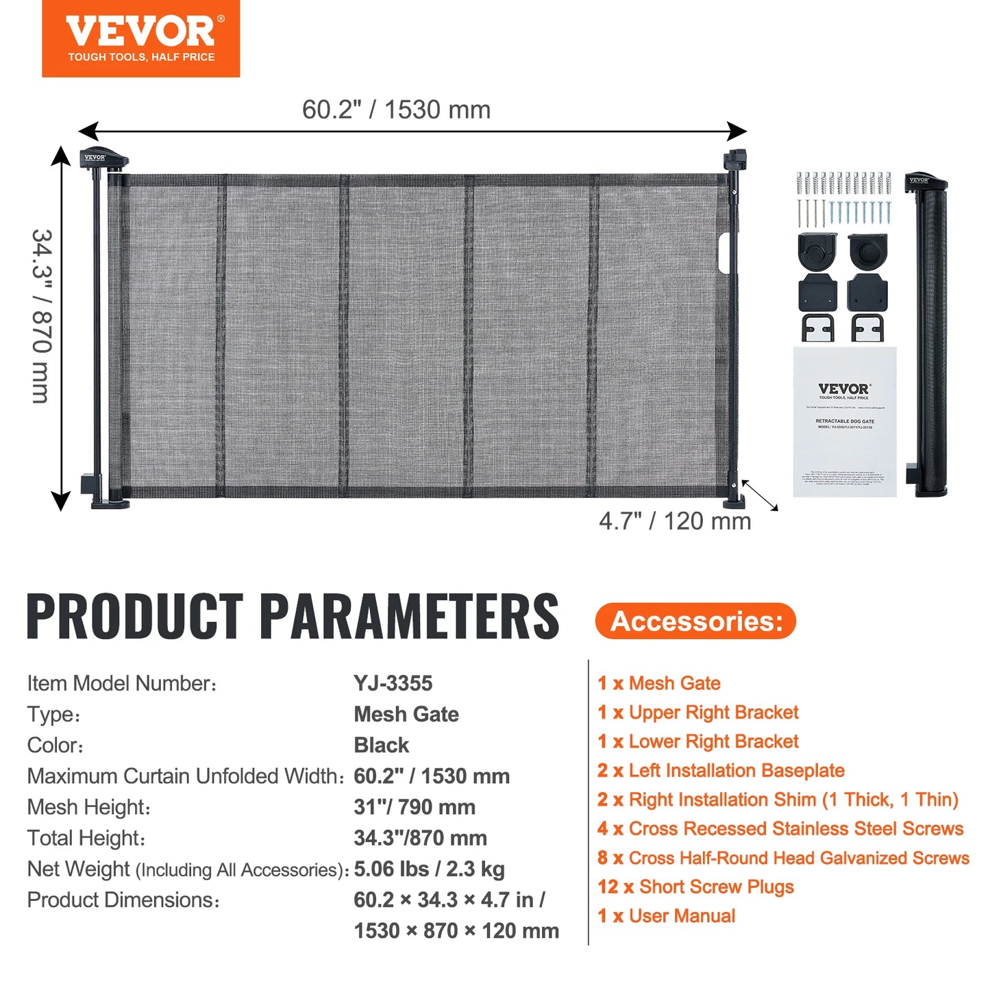 Retractable Gate-Mesh Pet Gate- Extends- Wide Retractable Gate for Kids or Pets