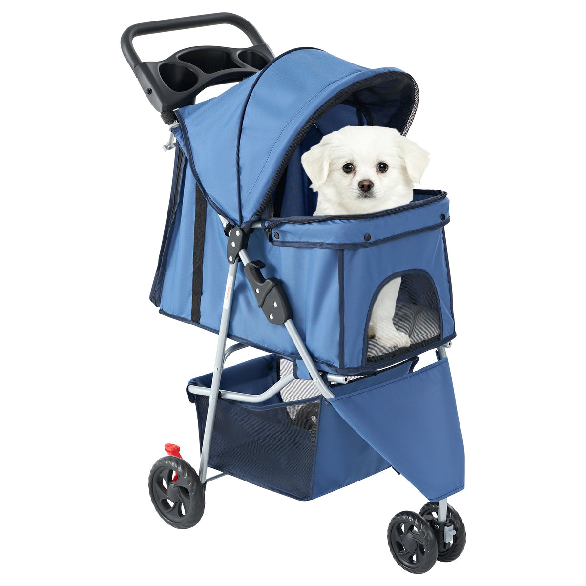 JHK 3 Wheels Foldable Pet Stroller-Mesh Windows- Storage Basket- Cup Holder-Pet Strollers