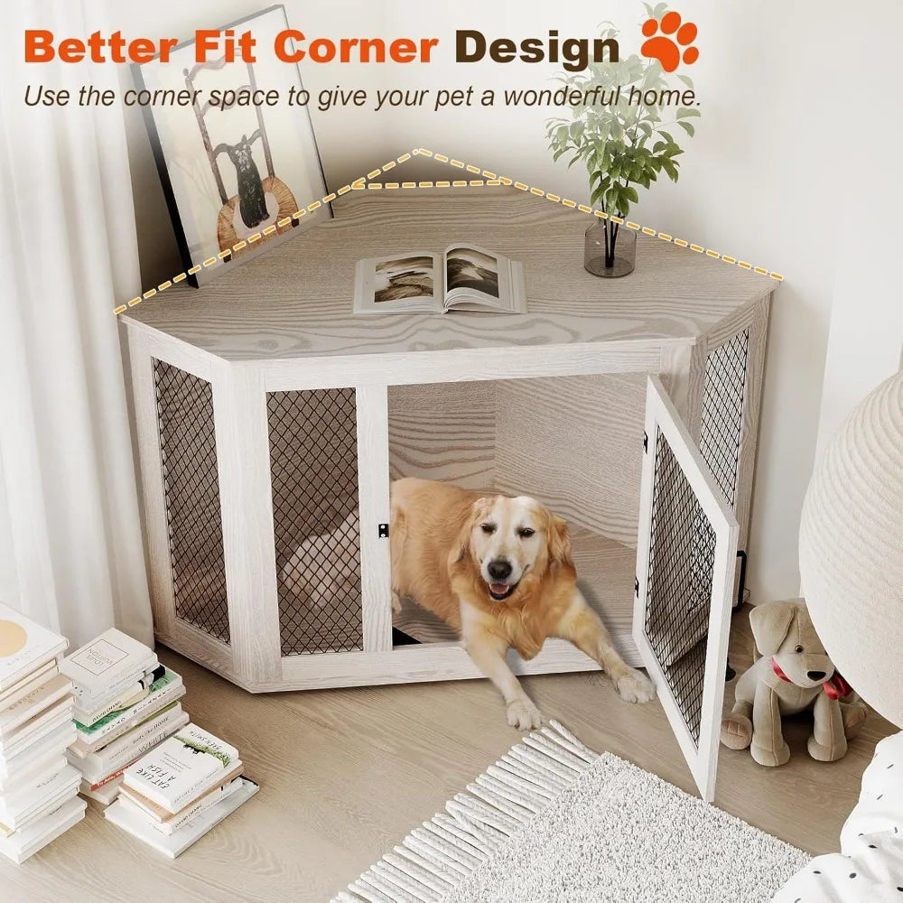 52 inch Corner Dog Crate Furniture- Wooden Dog Kennel End Table with Mesh-Indoor Decorative Pet Crates Side Table