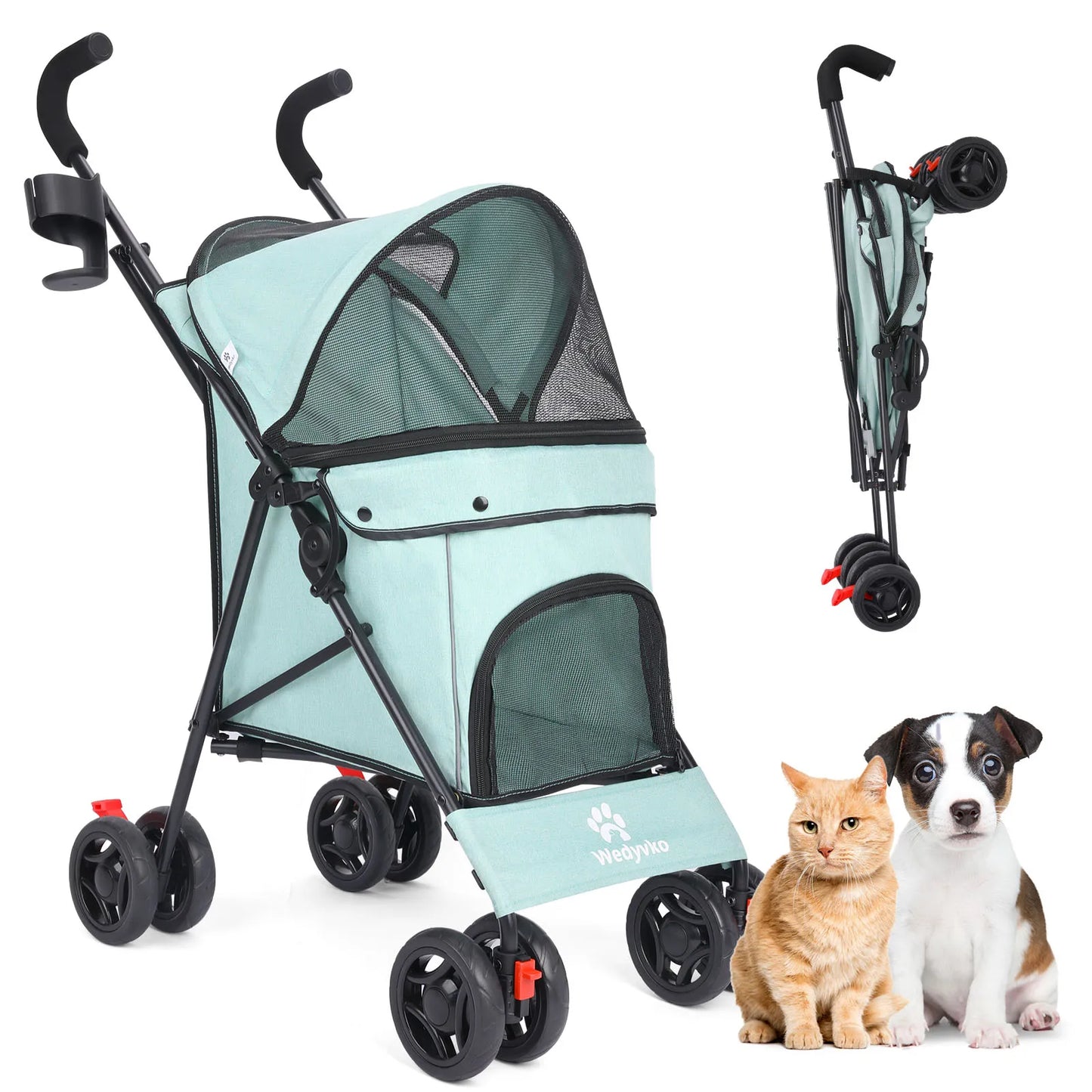 Wedyvko Pet Dog Stroller 4 Wheels Puppy Stroller Rotate with Brakes Storage for Dogs Cats Travel
