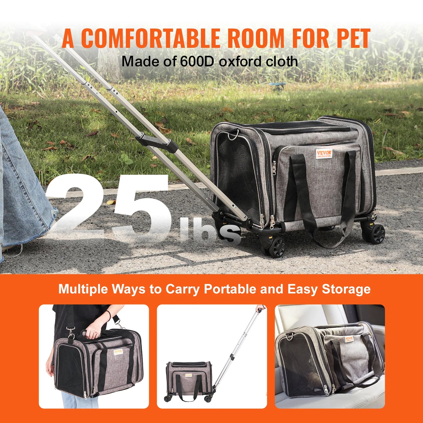 Airline Pet Carrier Stroller- Breathable Outgoing Dog Carry Backpack with Telescopic Handle Wheels and Shoulder Strap for Travel Trip