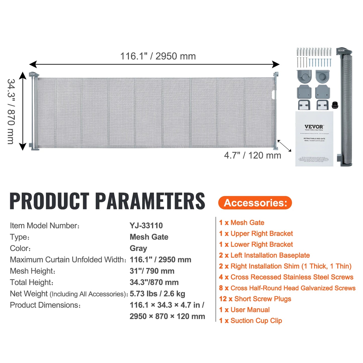 Retractable Gate-Mesh Pet Gate- Extends- Wide Retractable Gate for Kids or Pets
