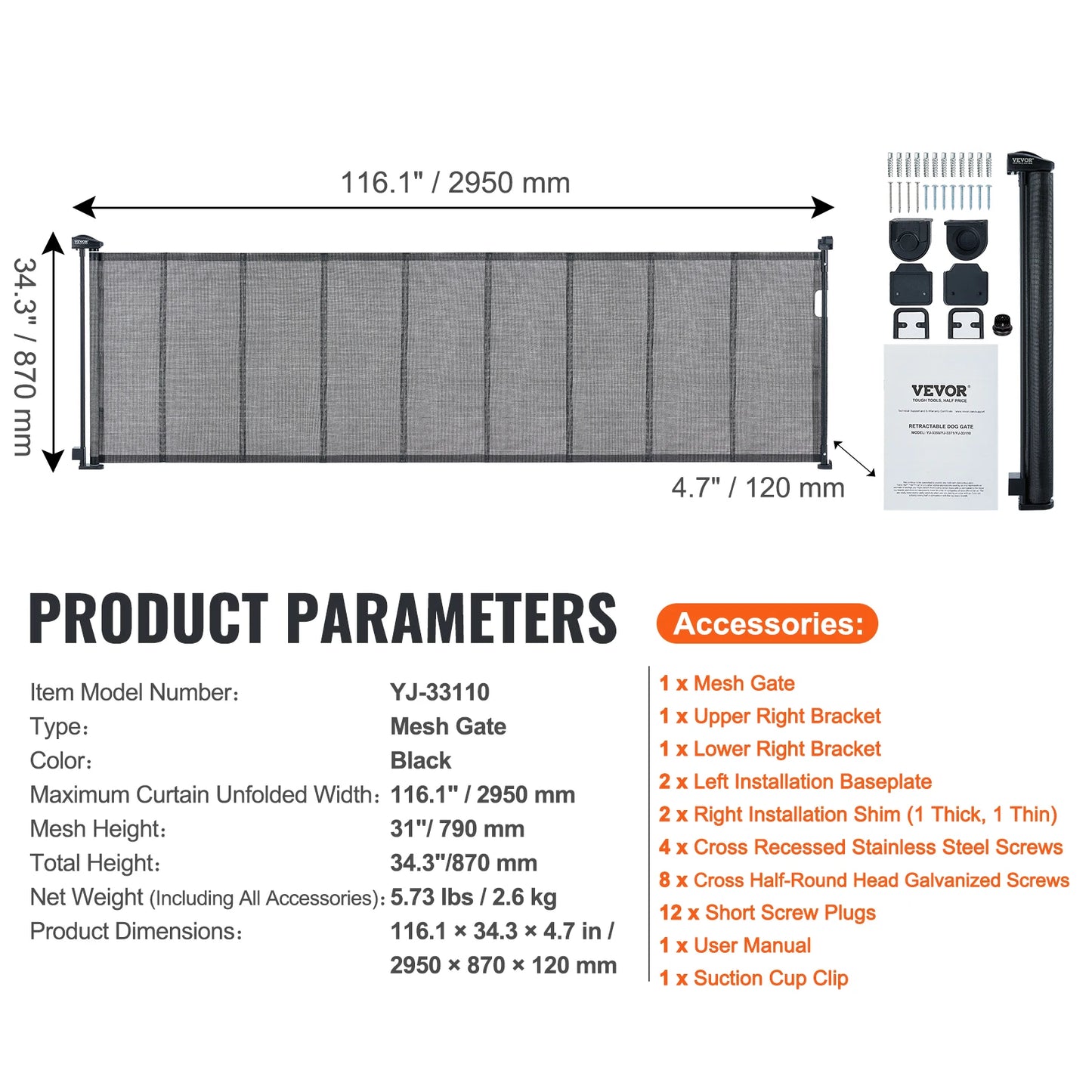 Retractable Gate-Mesh Pet Gate- Extends- Wide Retractable Gate for Kids or Pets