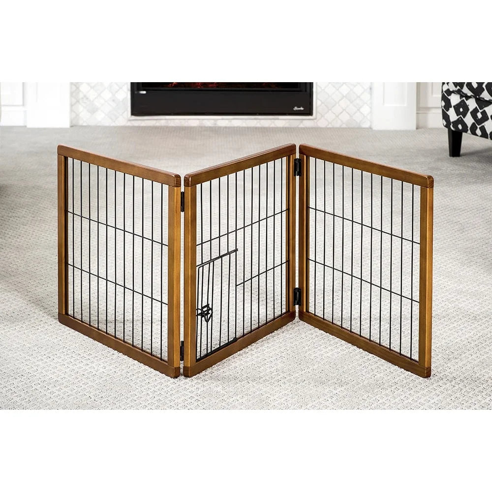 3 Panel Wooden Pet Gate- Freestanding Dog Barrier with Small Door -Adjustable- Expandable Indoor Use- Easy Setup Child Safety