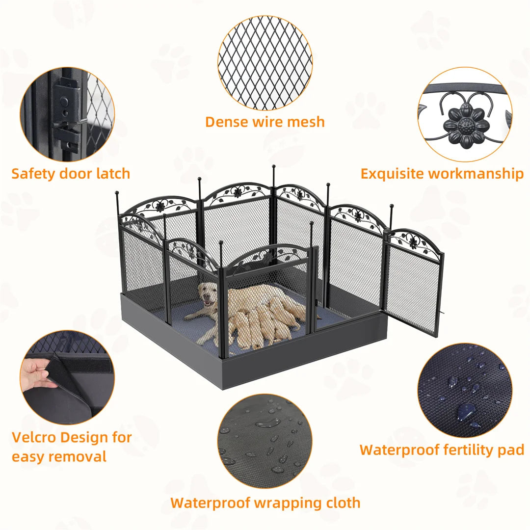 8 Panels DIY Heavy Duty Dog Playpen Fence- Outdoor Indoor Metal Fence with Waterproof Fertility Pad for Whelping-Training