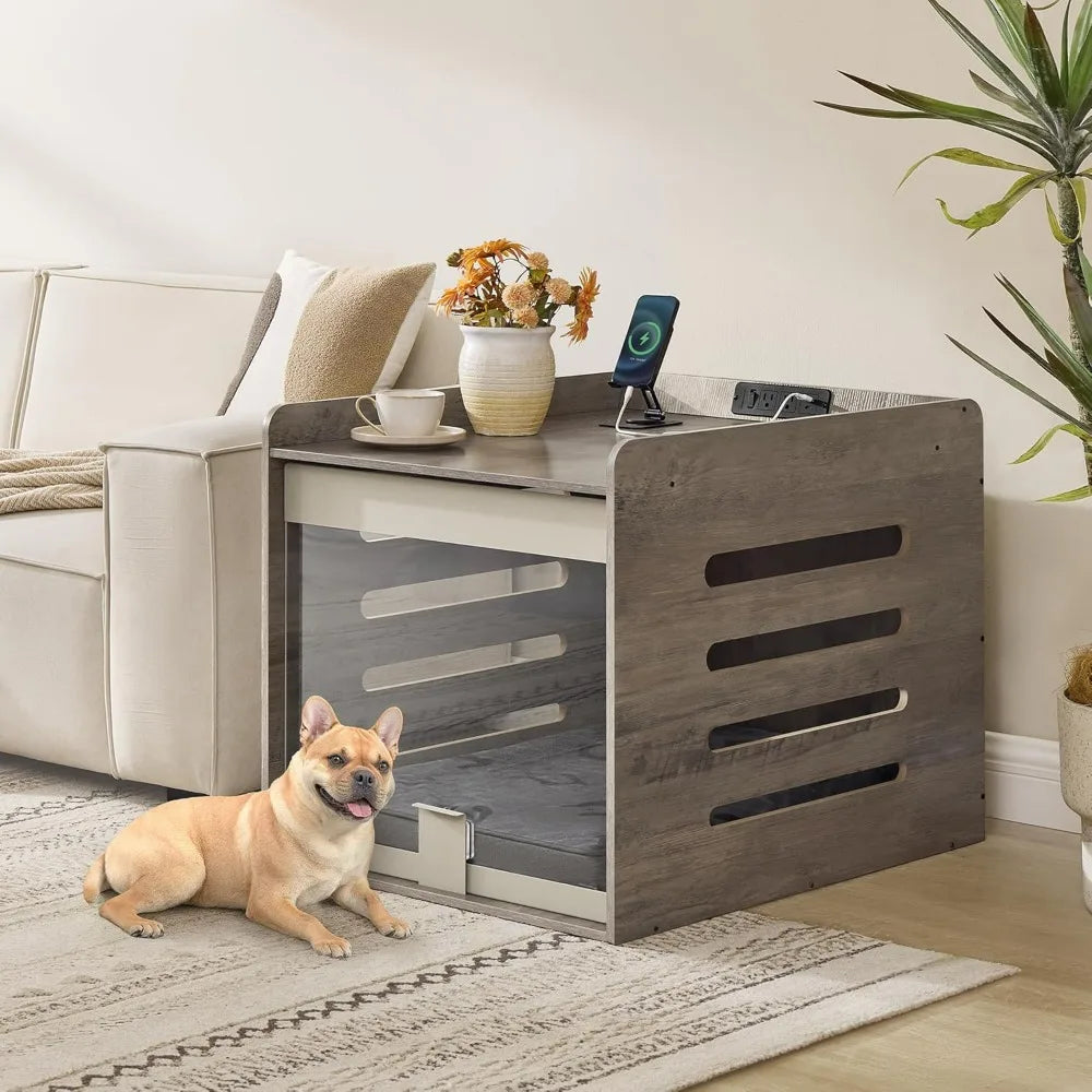 Dog Crate Furniture with Charging Station- Kennel Indoor with Flip-up Hidden Acrylic Door