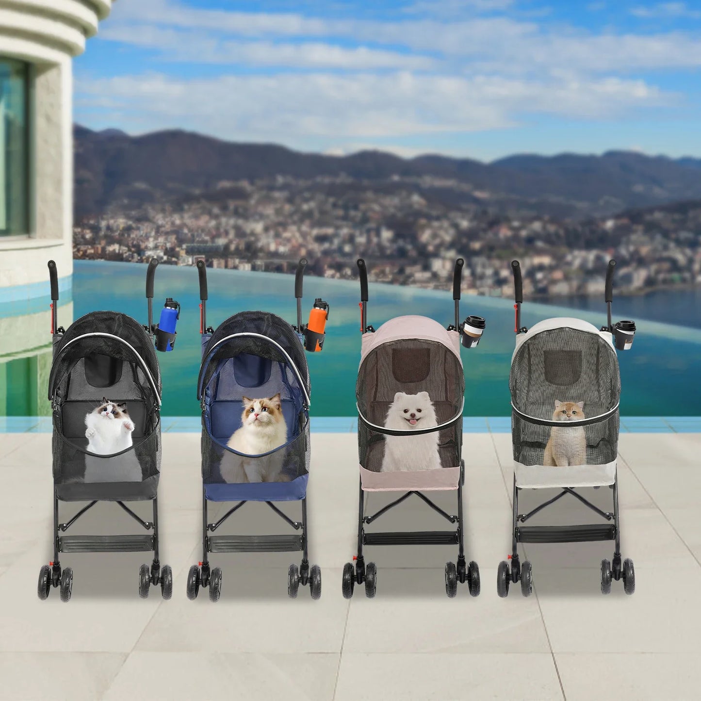 Premium Pet Stroller for Small/Medium Dogs- 360° Swivel Wheels- Safety Tether- Foldable Design w/Breathable Mesh with Cushion