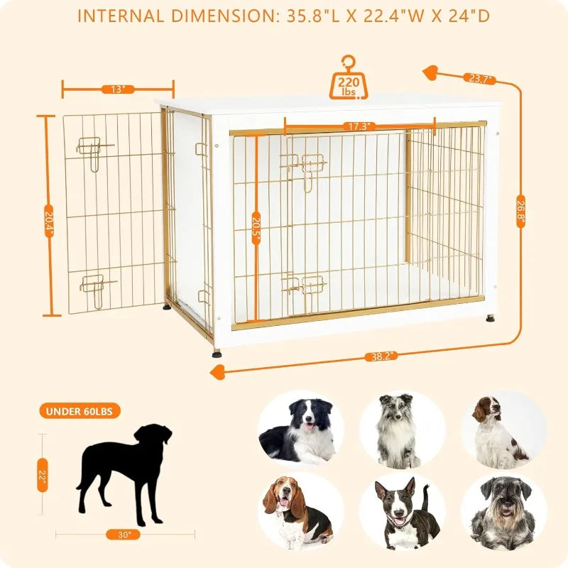 DWANTON Dog Crate Furniture with Cushion- Wooden Dog Crate Table- Double Doors - 38.5" L-White