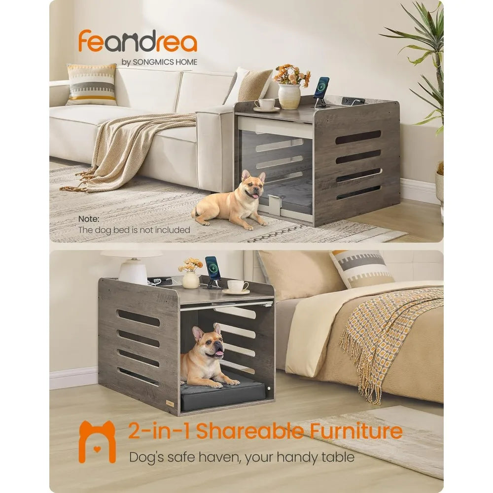 Dog Crate Furniture with Charging Station- Kennel Indoor with Flip-up Hidden Acrylic Door