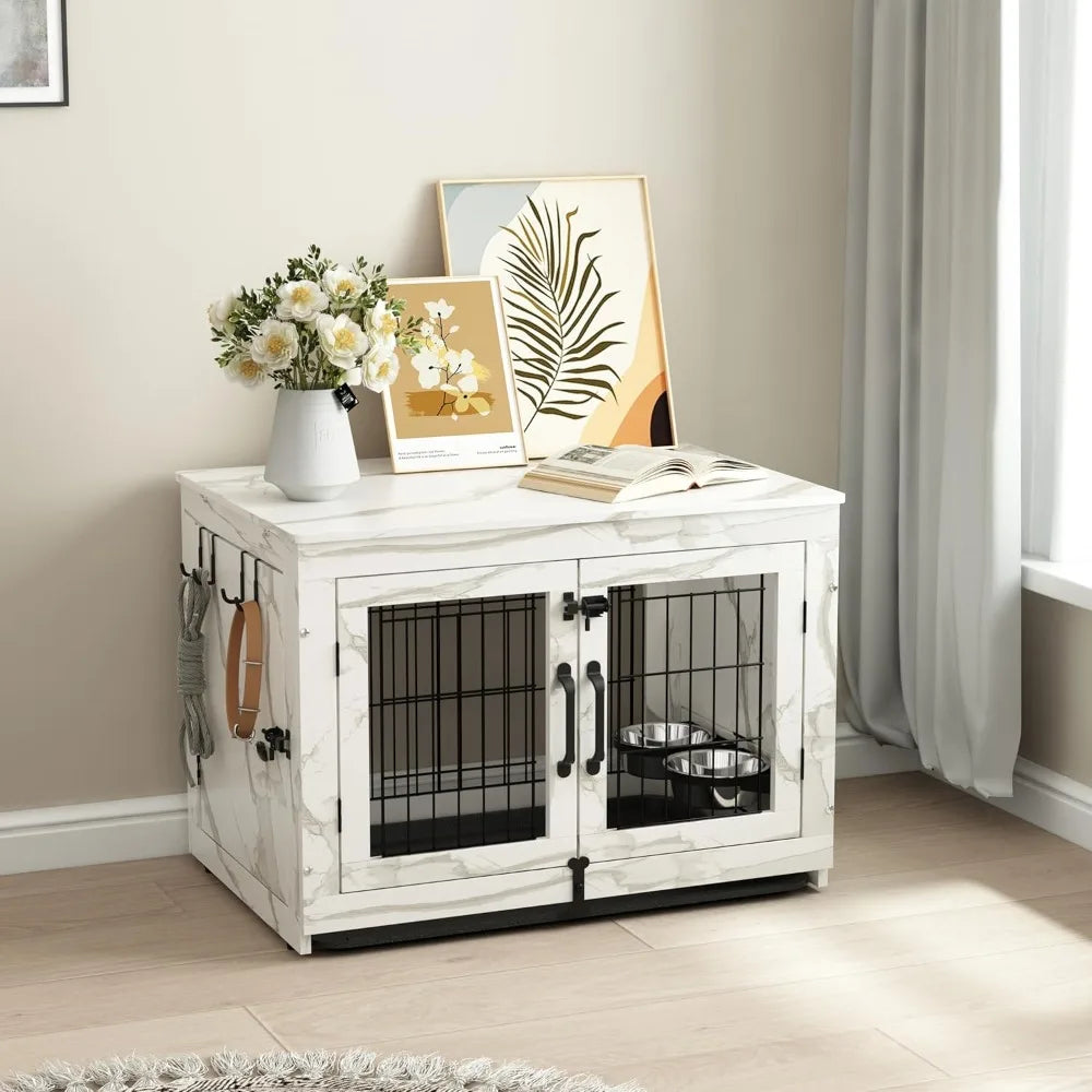 Wooden Dog Crate Furniture with 360°Rotatable Removable Dog Bowls- Dogs Crate End Table with Tray-Double Doors Dogs Kennels