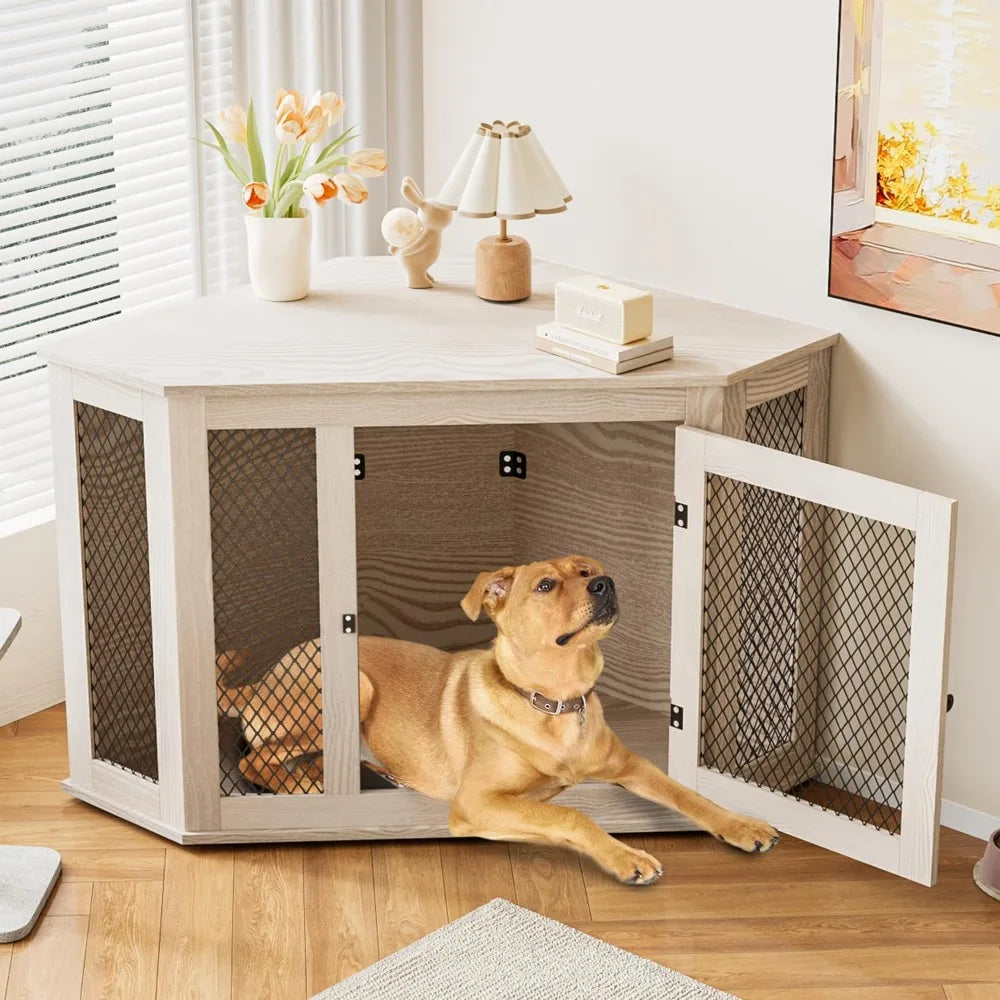 52 inch Corner Dog Crate Furniture- Wooden Dog Kennel End Table with Mesh-Indoor Decorative Pet Crates Side Table