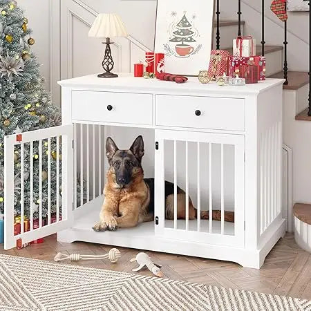 Dog Crate Furniture-44" Wooden Dog Kennel Indoor With 2 Storage Drawers- Heavy Duty Dog Crate Furniture