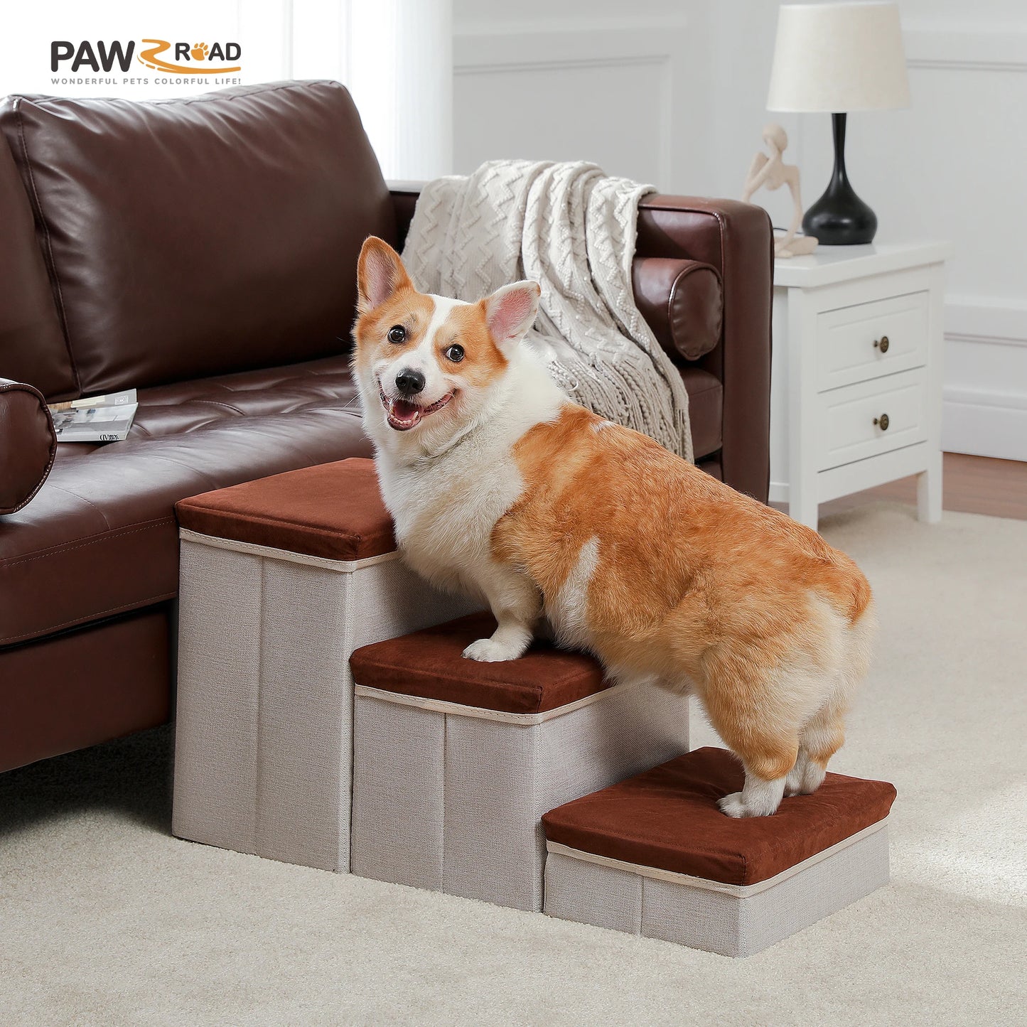 3-Tier Dog Stairs Foldable Pet Stair with Storage Box- Adjustable Height Dog Steps for Small Old Dog Cat Non-Slip Pet Ramp Indoor