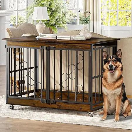3in1 Furniture Dog Crate-End table, Dog Bed and Crate- 48 Inches Dog Crates - Farmhouse Wood Metal Kennel- Indoor- Heavy Duty