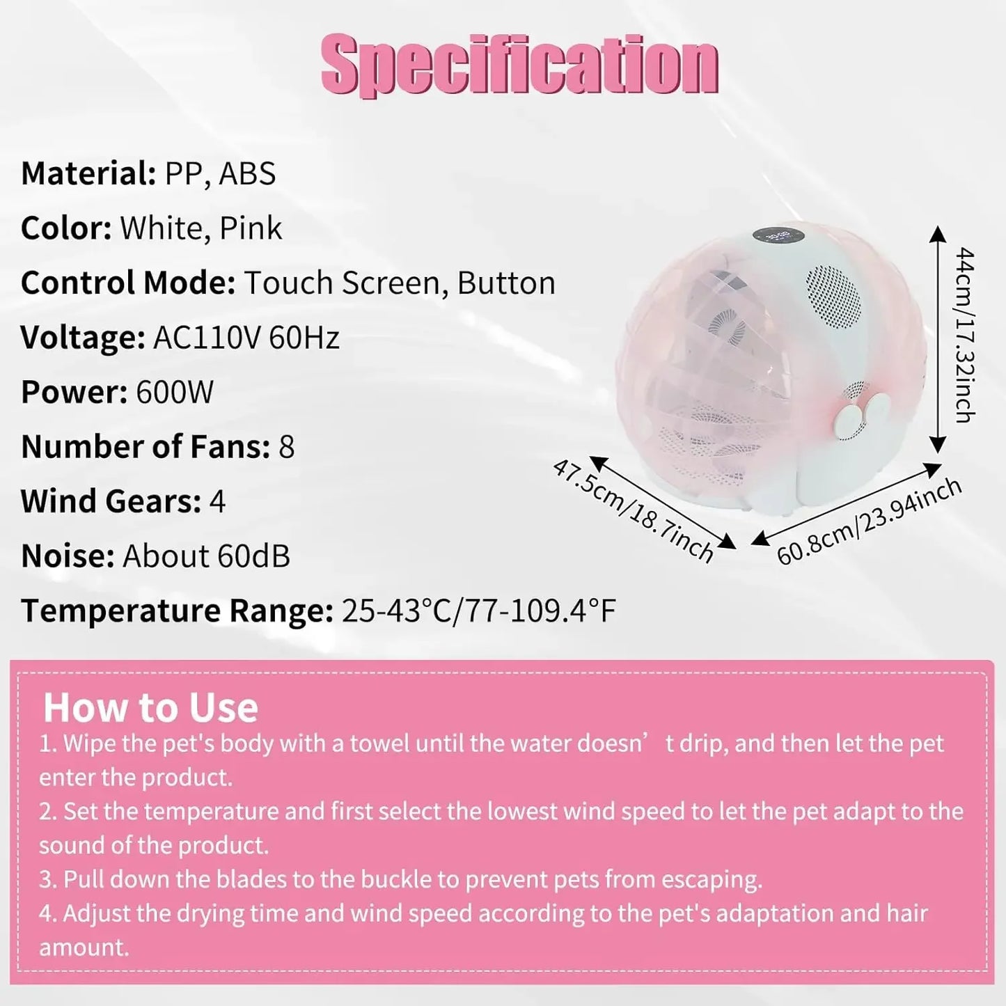 Smart Pet Dryer Box- Automatic Pet Dryer- Small Dog Drying Box with 8 Fan 4 Speed-Foldable-Hair Blow 360°- Ultra Quiet