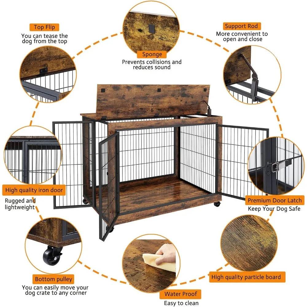 Dog Crate Furniture- Wooden Dog Crate Table- 43.7" Kennel with 3 Doors- Flip-up Top Opening -Wheels- Decorative Pet Crate House