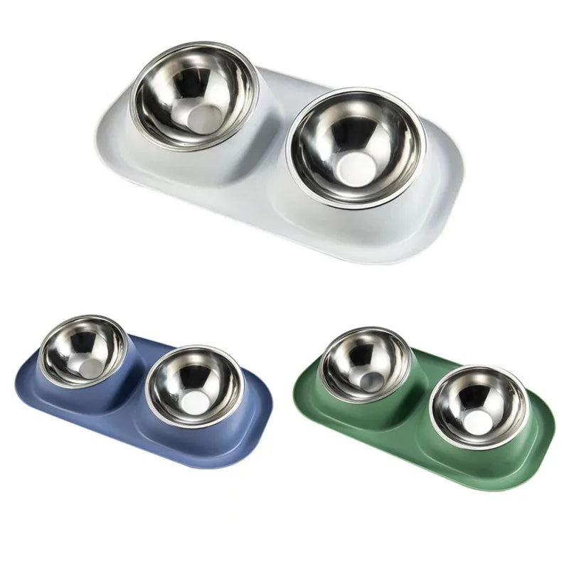 Stainless Steel Double Dog Bowl- Food Container- Plastic Non-slip Base- Pet Water Feeder- Tilt- Safeguards Dogs Neck