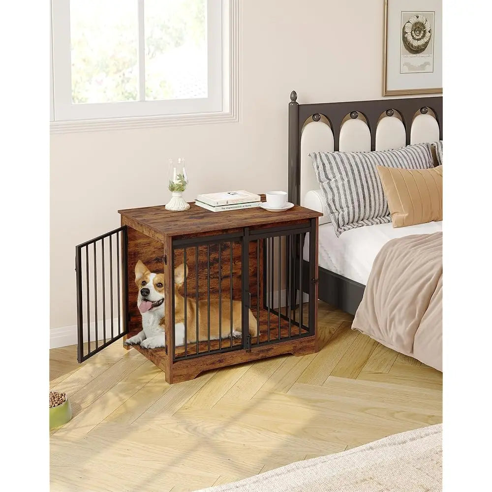 Dog Crate Furniture-32"" Double Door Dog Crate With Barn Door- Dog Kennel Indoor- End Side Table- Wooden Dog Crates For Small Dogs