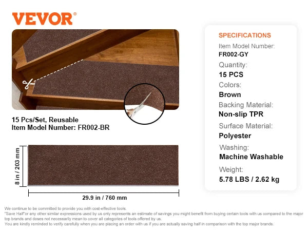 VEVOR Stair Treads Staircase Anti-Slip Mats- 28x9in and 30x8in Stair Carpet Treads- Soft Fabric- Noise proof Stair Mats- Machine Washable