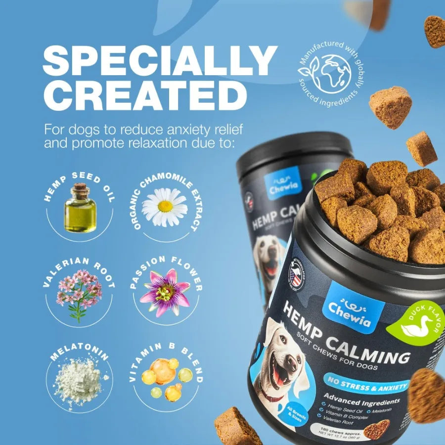 Hemp Calming Chews for Dogs- Anxiety Dog Calming Treats with Melatonin, Valerian Root, Chamomile Extract, Vitamin B Complex