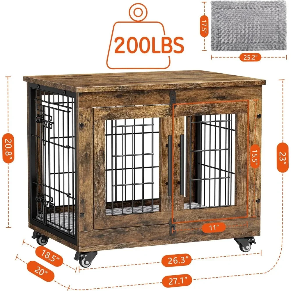 Small Dogs Crate Furniture- Indoor Double Doors Wooden Dogs Crate- 27.1'' Heavy Duty Dog Crate with Cushion & Wheels