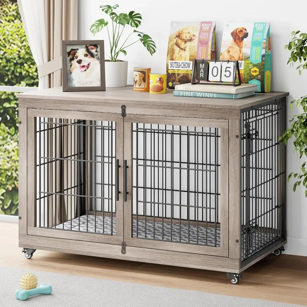 Dogs Crate Furniture with Cushion- Wooden Dogs Kennel Indoor with Double Doors- Wheels-Dog House Side End Table
