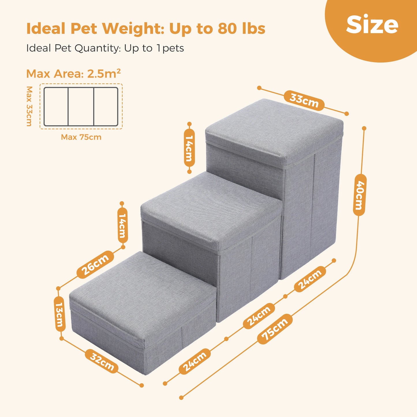3-Tier Dog Stairs Foldable Pet Stair with Storage Box- Adjustable Height Dog Steps for Small Old Dog Cat Non-Slip Pet Ramp Indoor