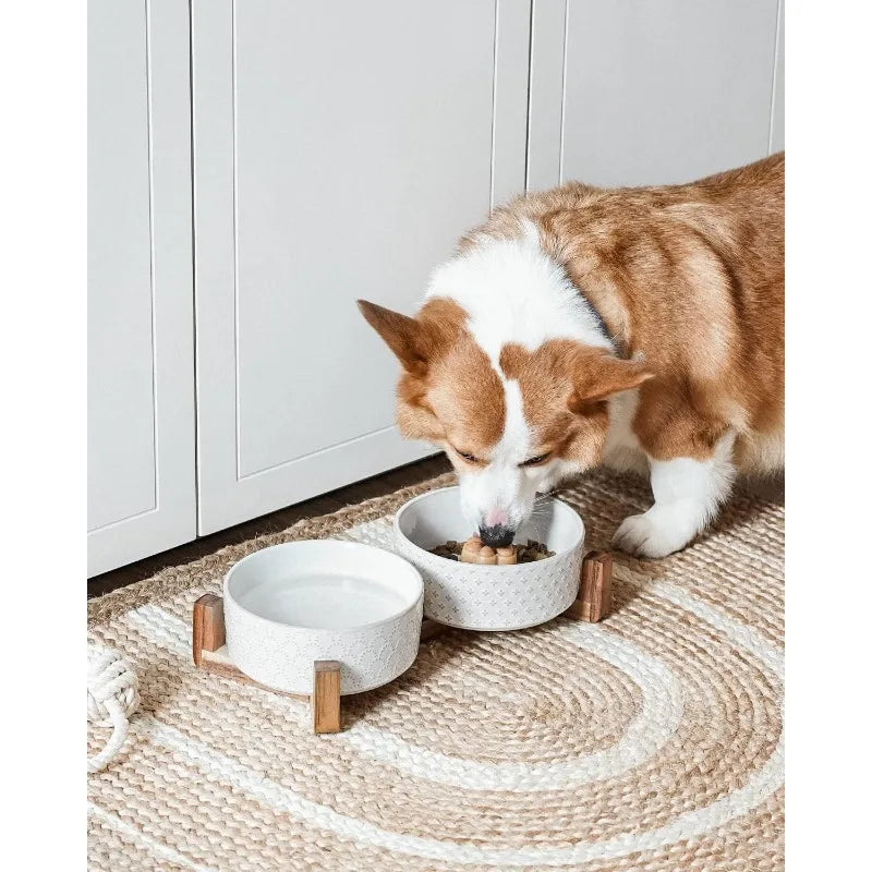 Ceramic Dog Bowl Set with Acacia Wood Stand- 3 Cups Dog Food and Water Bowl for Small Medium Sized, Pet Bowls