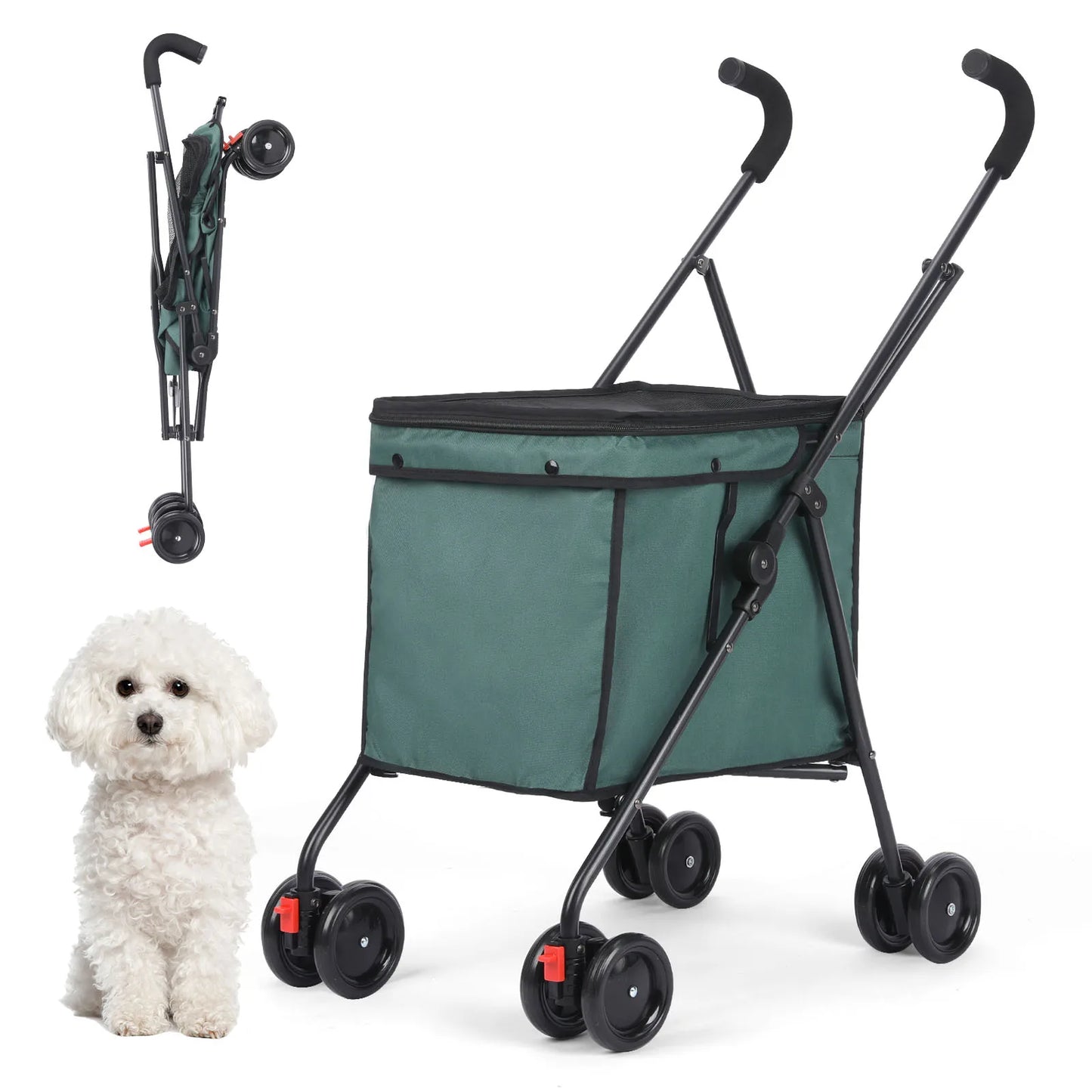 33lbs 4 Wheels Dog Stroller- Rotate- Travel Hand Cart Folding Shopping Trolley-Pink