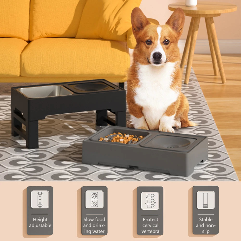 3 In 1 Dog Stainless Steel Slow Feed Bowl-Floating Water Bowl-Spine Protection- Adjustable Height- Slow Food Feeder