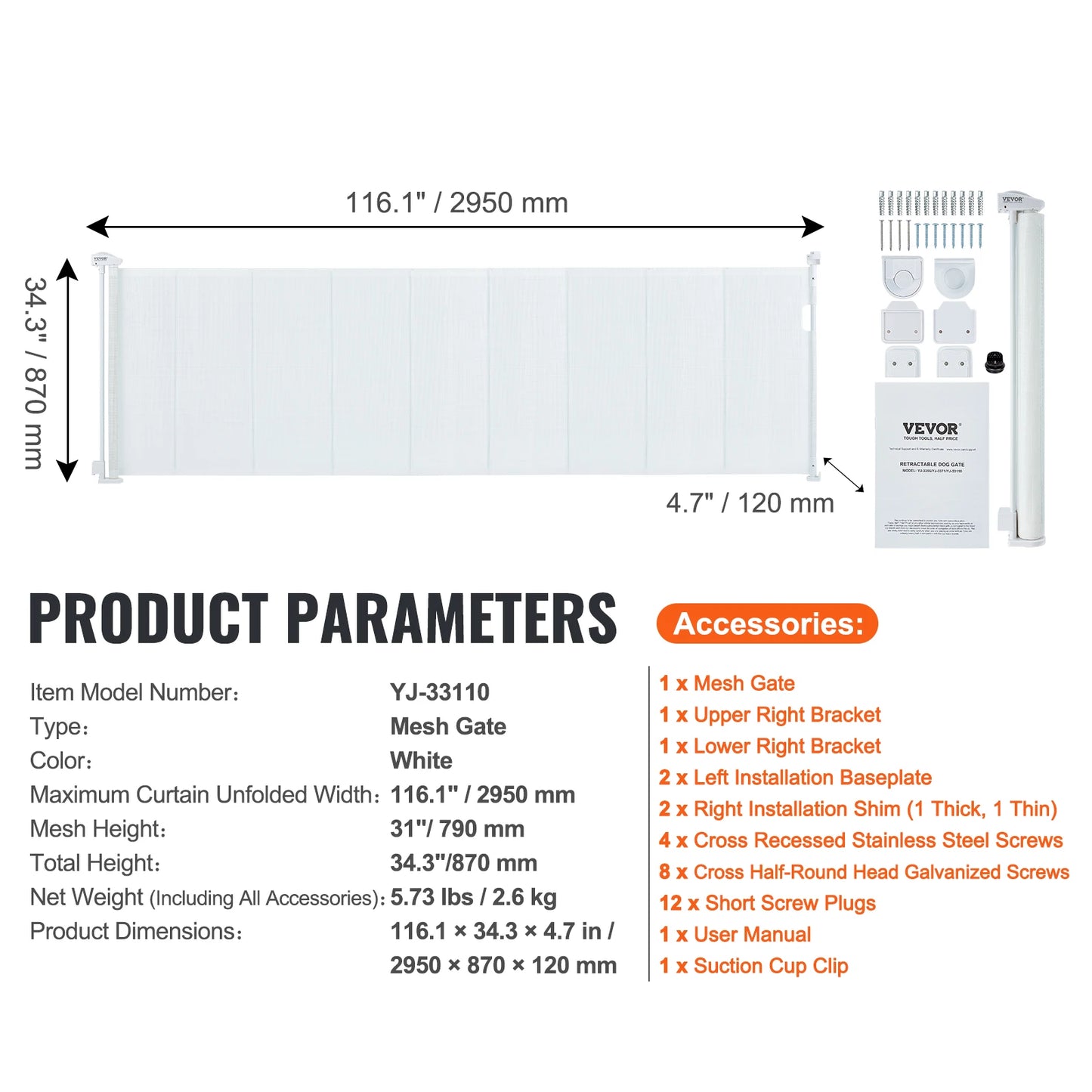 Retractable Gate-Mesh Pet Gate- Extends- Wide Retractable Gate for Kids or Pets