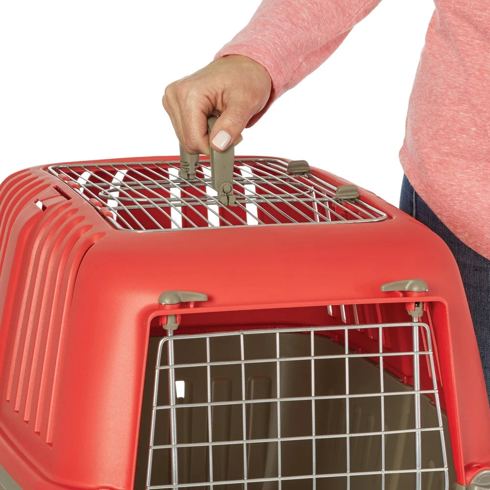 Small Portable Pet Carrier- Small Dog Cat Travel Case- Hard Sided- Easy Assembly- Durable Plastic with Metal Door-Red