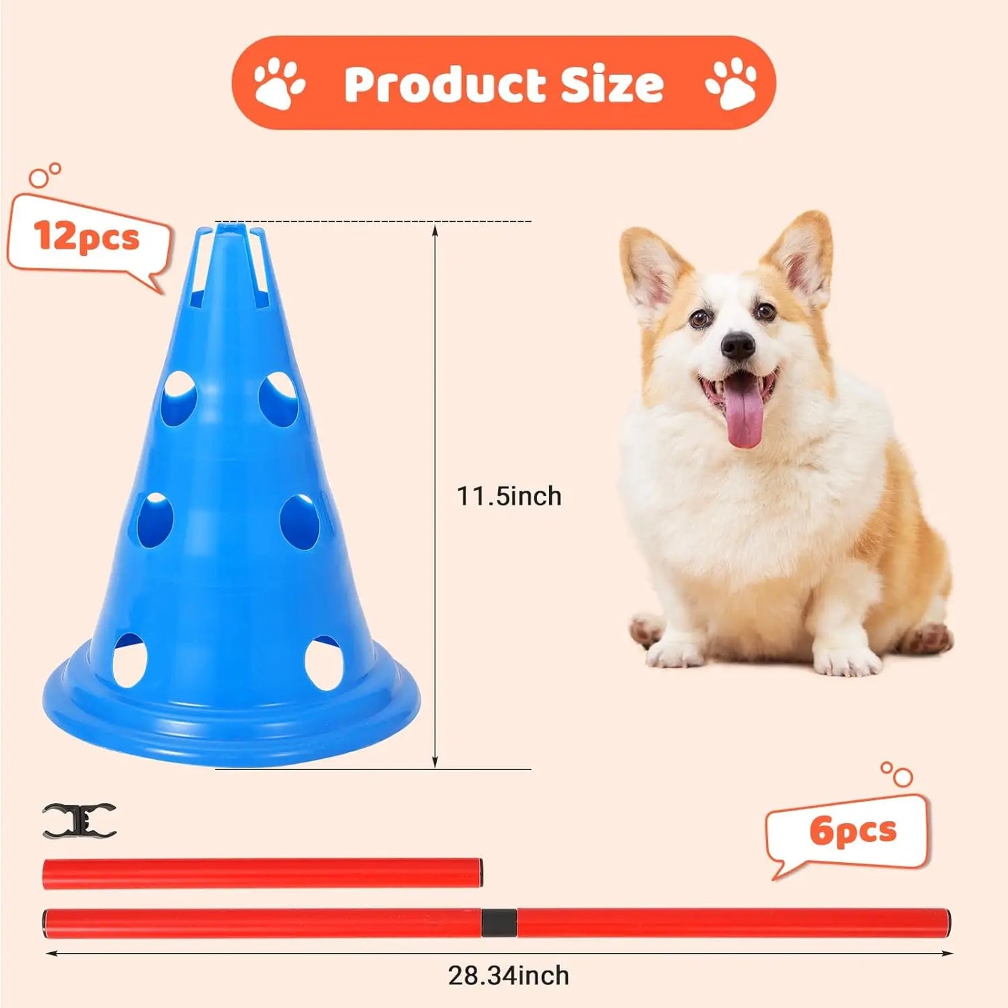 Dog Agility Hurdle Cone Set- Dog Agility Course- Backyard Set Includes 12 Agility Cones -6 Agility Rods Training Equipment