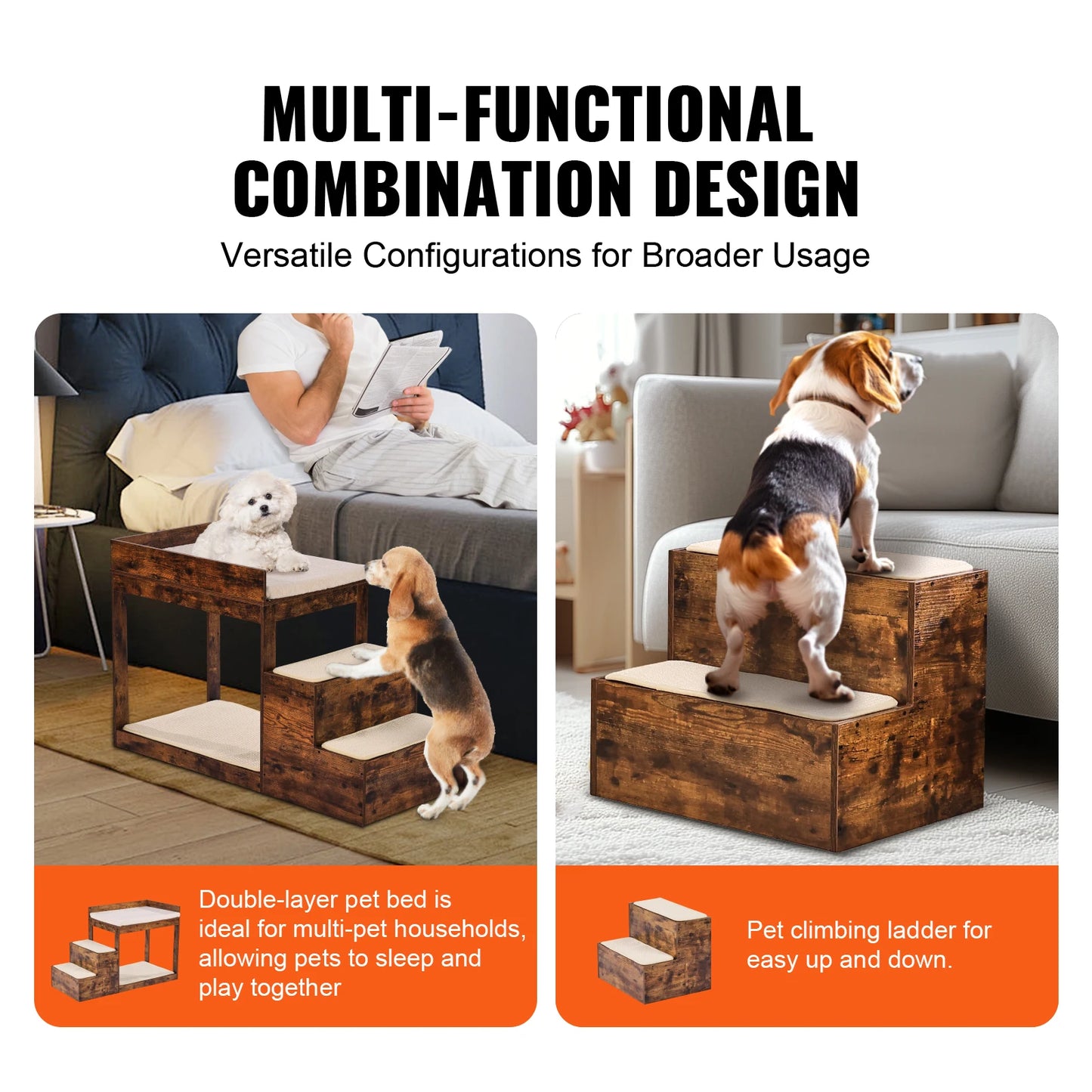 Pet Bunk Bed with Stairs -Dog Window Perch for High Beds/ Couches- Medium Multi-Level 3 Step Dog Seat Sleeper Couch