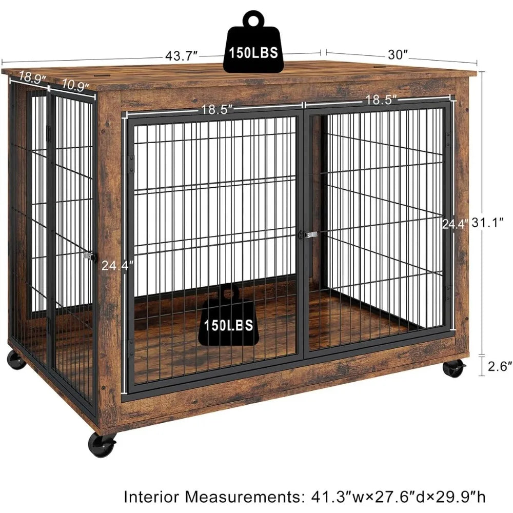 Dog Crate Furniture- Wooden Dog Crate Table- 43.7" Kennel with 3 Doors- Flip-up Top Opening -Wheels- Decorative Pet Crate House