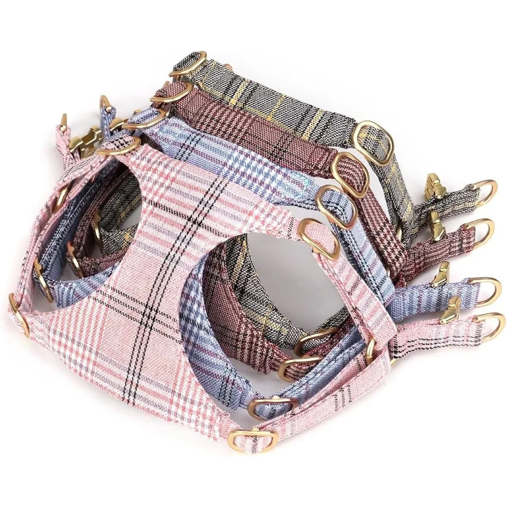 Cute Small Dog Harness Set- Adjustable Soft Plaid Pet Collar -Leash Bowtie Puppies Walking Parties- Comfort Durable Design