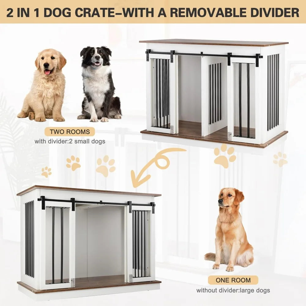 Dog Crate Furniture with Divider-Wooden Dog Kennel- Barn Doors- End Table- Indoor