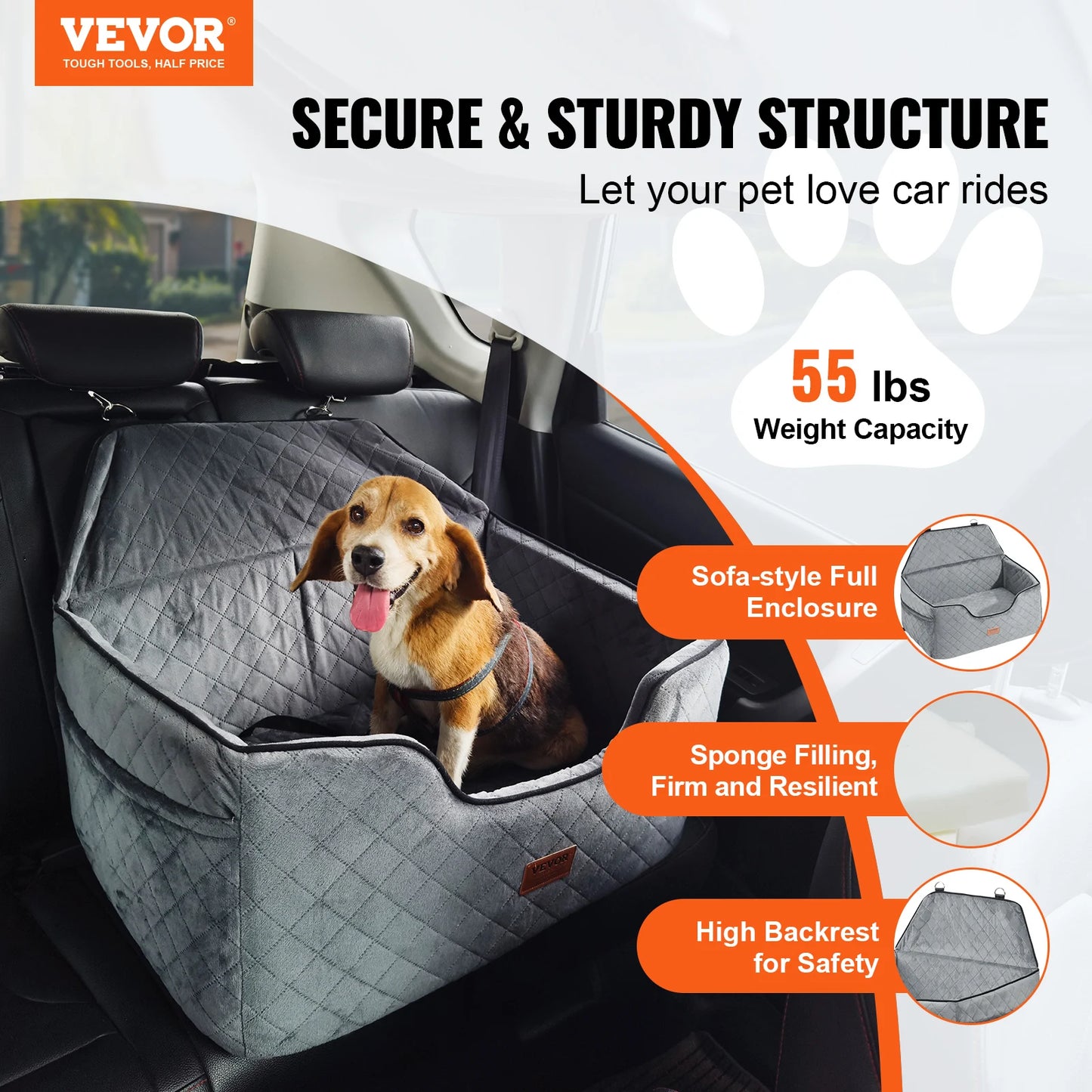 Dog Car Seat- Dog Booster Seat for Car with A Storage Pocket- Sponge Filling Car Bed for Medium Dogs- Gray
