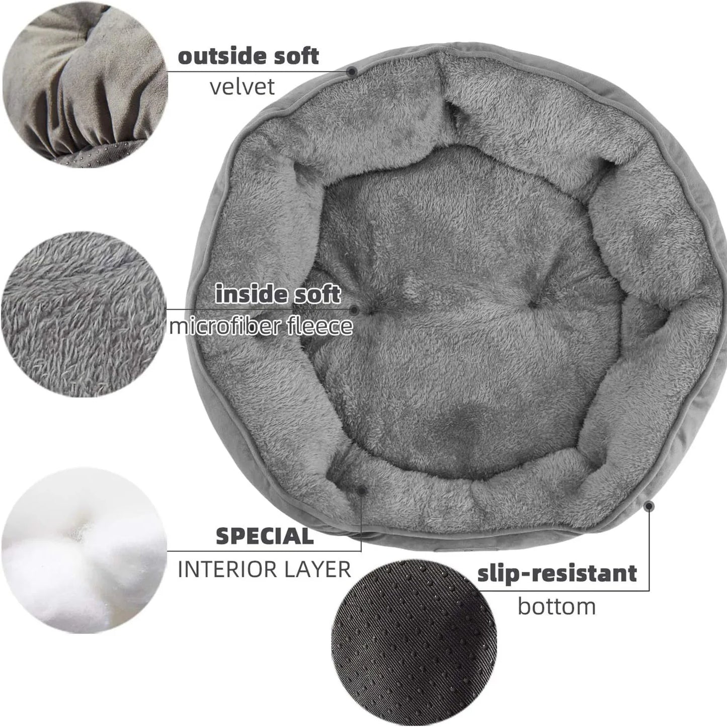 Pet Bed- Soft Washable- Non-Slip Base- Water Resistant- Grey, 50 cm