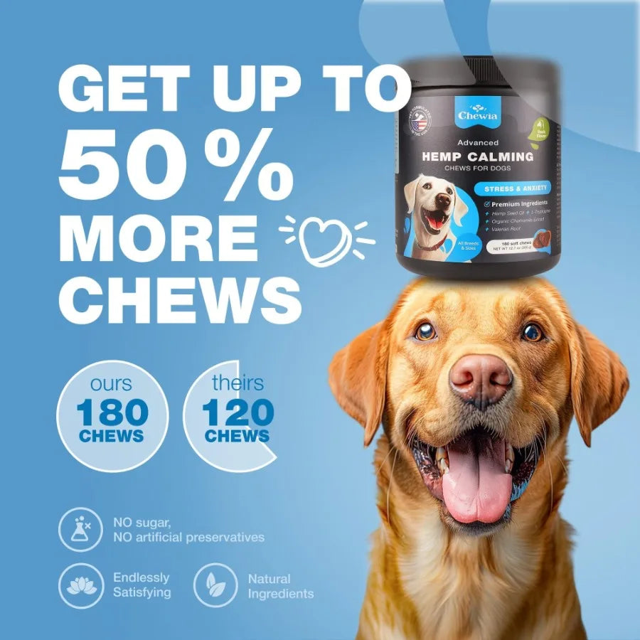 Hemp Calming Chews for Dogs- Anxiety Dog Calming Treats with Melatonin, Valerian Root, Chamomile Extract, Vitamin B Complex