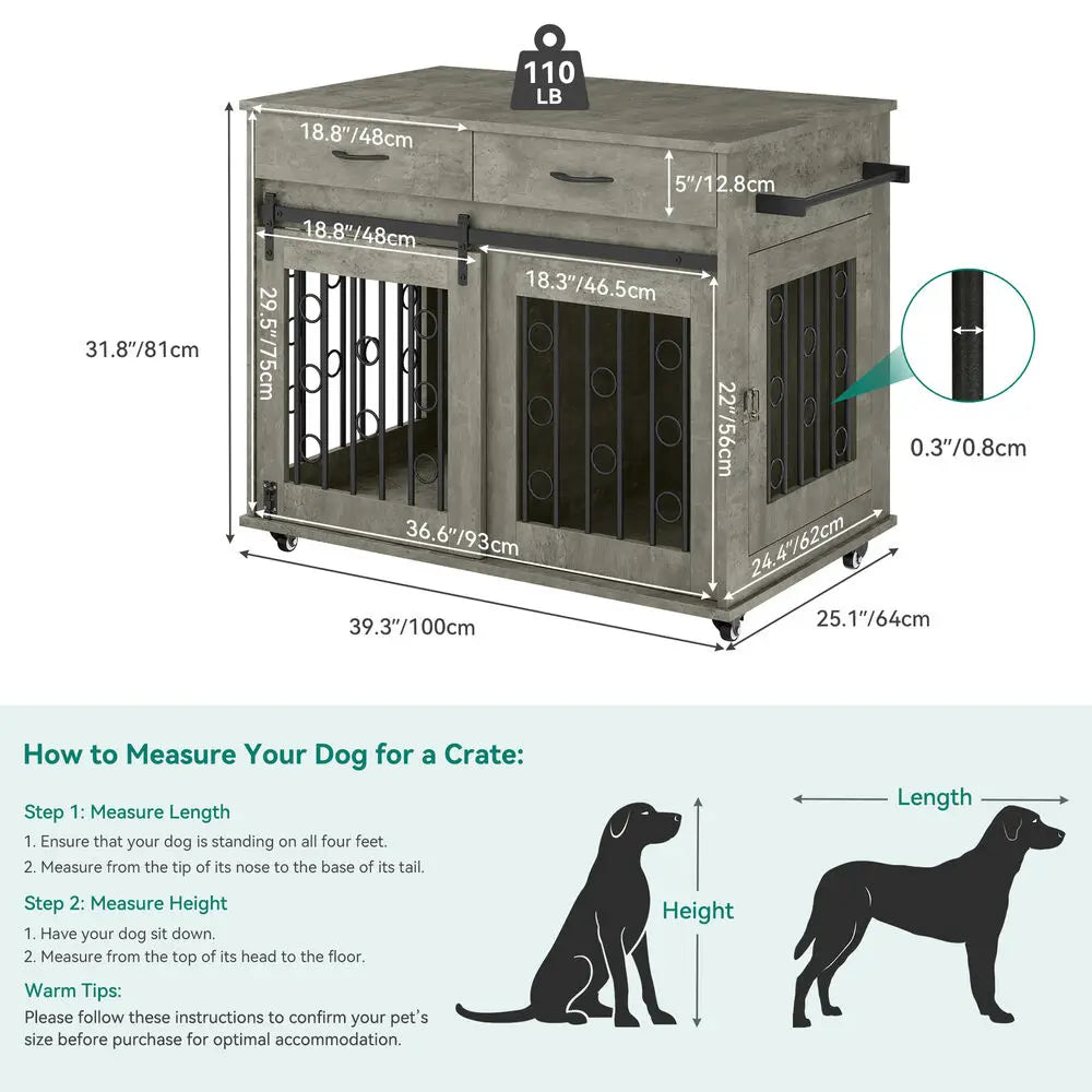 Dog Crate Furniture -39" Wooden Indoor Dog Kennel w/ Divider Room and Drawers for multiple Pets