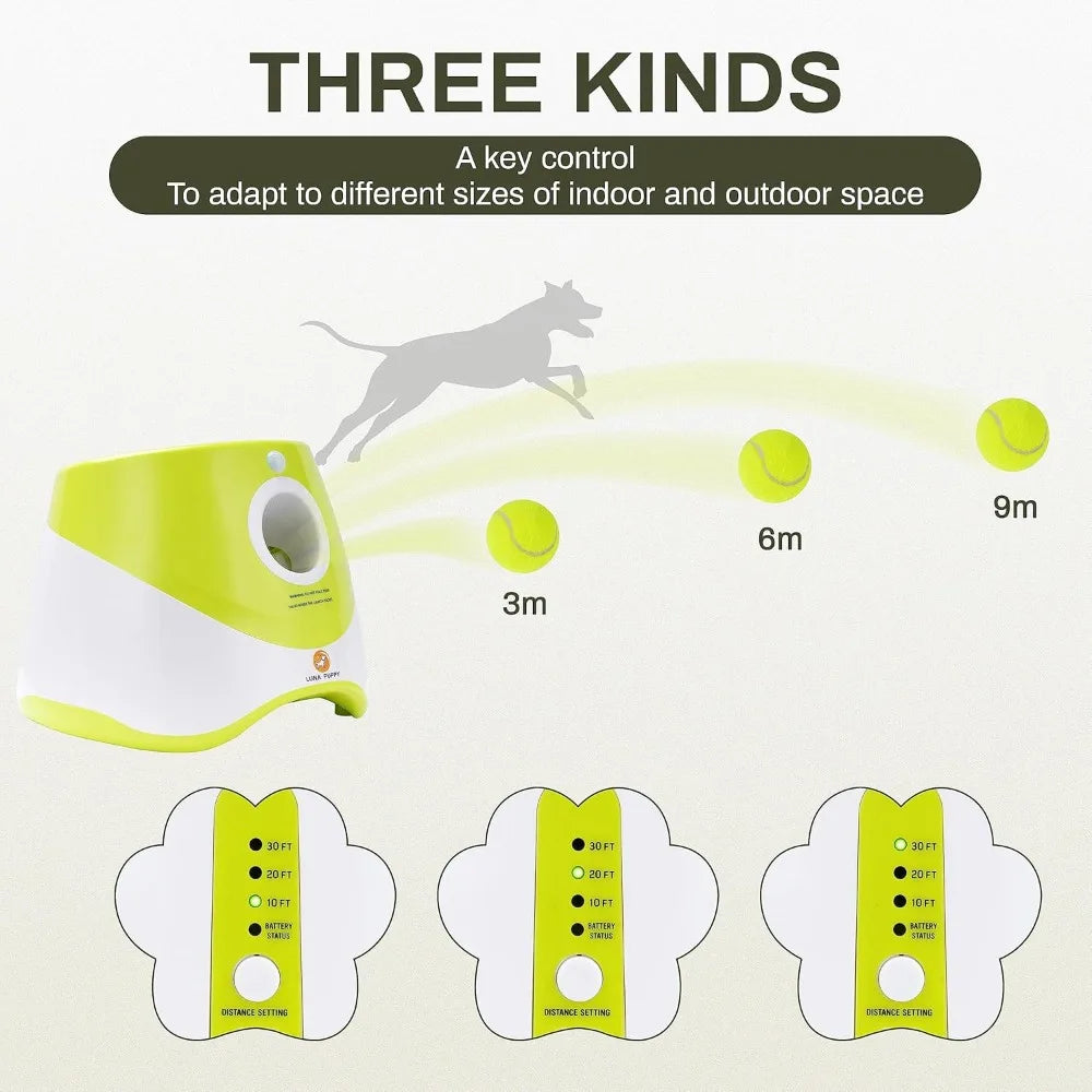 Automatic Small/Medium Dog Ball Launcher- Indoor/Outdoor Interactive Dog Toy with Three Ranges-Includes 6 Mini Tennis Balls- Data Line