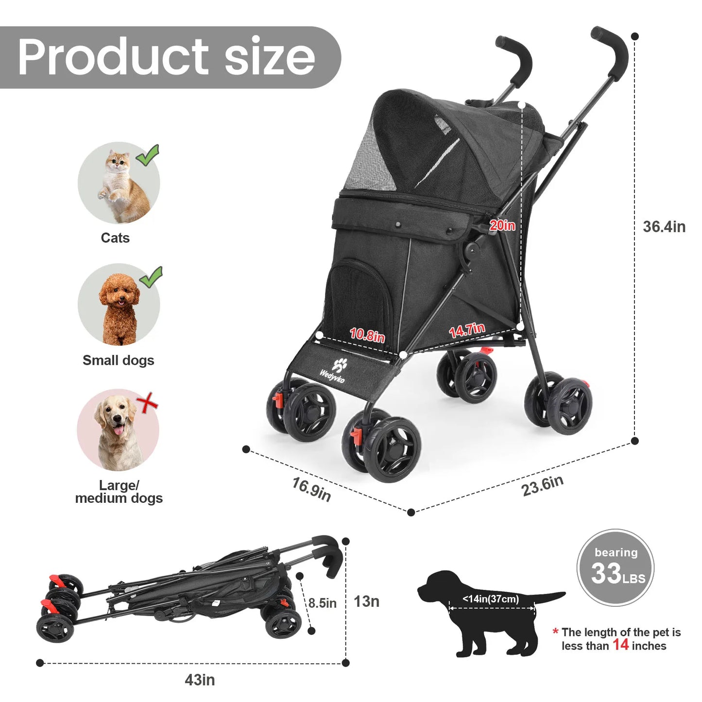 Pet Dog Stroller- 4 Wheels -Puppy Stroller Rotate with Brakes -Storage