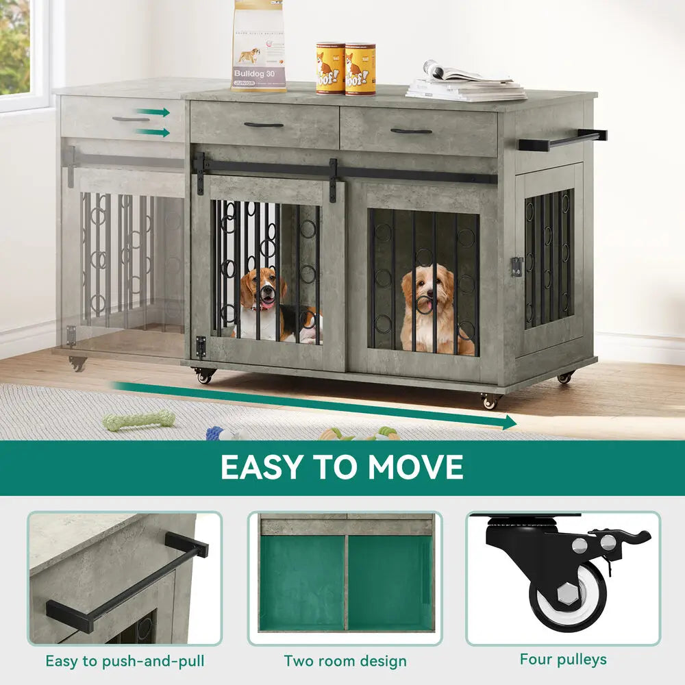 Dog Crate Furniture -39" Wooden Indoor Dog Kennel w/ Divider Room and Drawers for multiple Pets