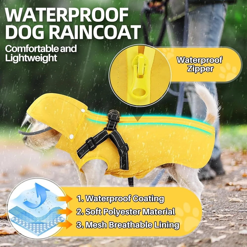 Waterproof Dog Raincoat with Harness Removable Hood Reflective Double Layer Jacket Small Medium Large Dogs Adventure Outdoor size S