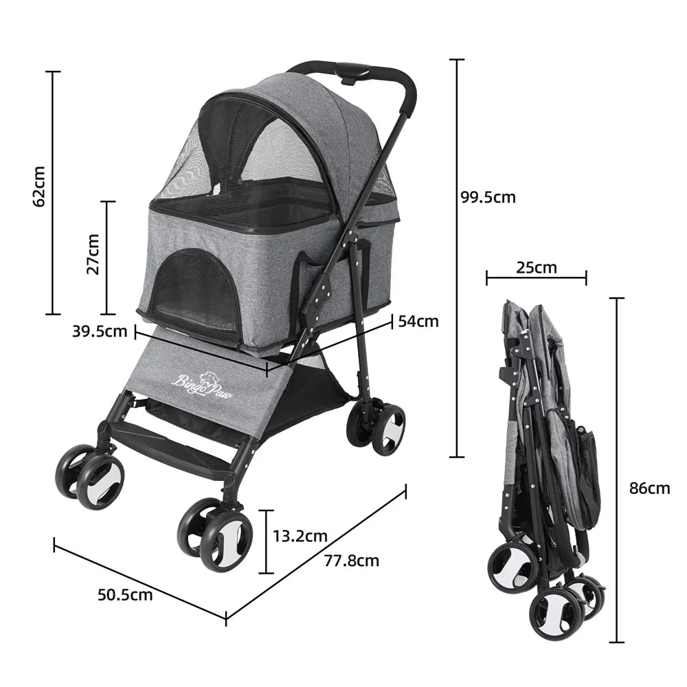 Pet Dog Stroller- Foldable Travel Carrier- Jogger Dog Pram with 4 Wheels and Rain Cover